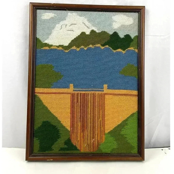 VTG Three Shastas Dam CA Needlepoint Embroidered MCM Fiber Art 12"x16" Framed - Picture 1 of 15